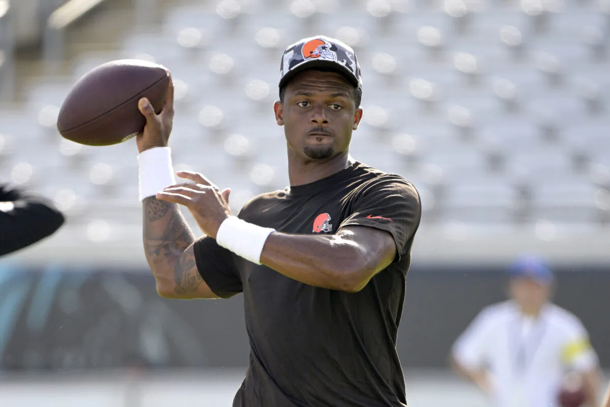Cleveland Browns quarterback Deshaun Watson (4) warms up before an NFL preseason football game against the Jacksonville Jaguars in Jacksonville, Fla., Aug. 12, 2022. (Phelan M. Ebenhack/AP Photo)