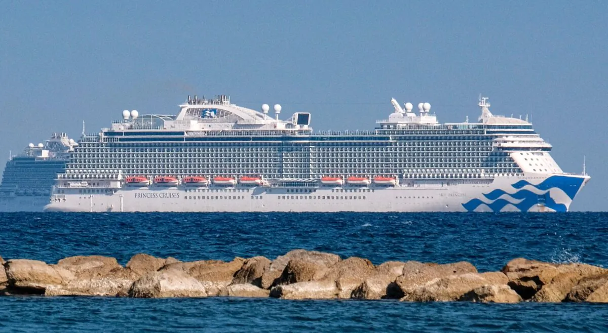A view of the Royal-class cruise ship "Sky Princess" operated by Bermuda-based Princess Cruises of Carnival Corp., off the coast of Cyprus' southern city of Limassol, on March 30, 2021. (Amir Makar/AFP via Getty Images)