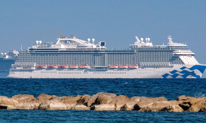 A view of the Royal-class cruise ship "Sky Princess" operated by Bermuda-based Princess Cruises of Carnival Corp., off the coast of Cyprus' southern city of Limassol, on March 30, 2021. (Amir Makar/AFP via Getty Images)