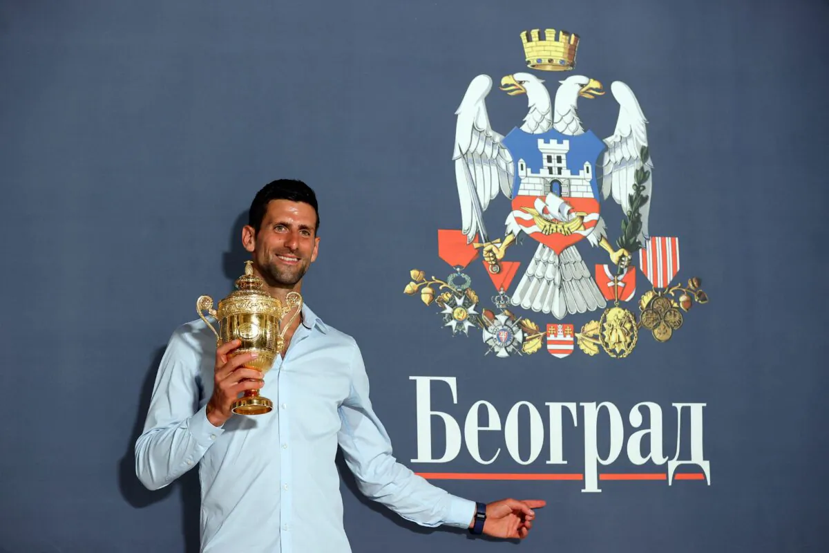 Novak Djokovic speaks during press conference after attending his welcoming ceremony celebration at the Belgrade City Hall in Belgrade, Serbia, on July 11, 2022. (Pedja Milosavljevic, AFP via Getty Images)