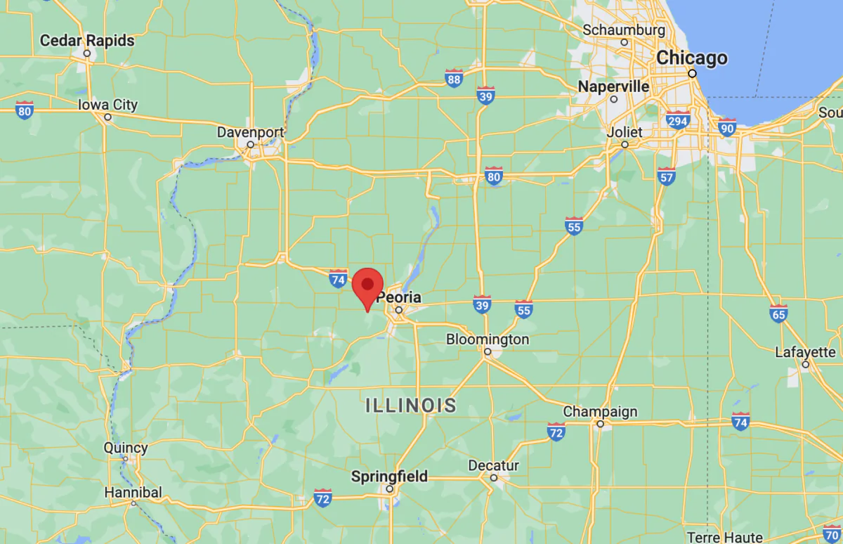 A map showing the location of Hanna City in Illinois. (Google Maps/Screenshot via The Epoch Times)