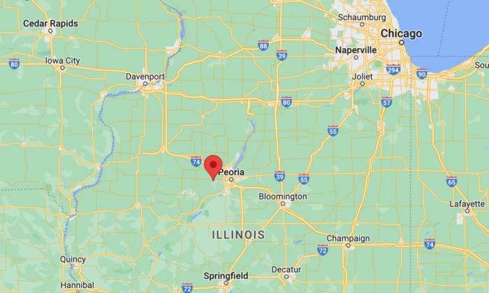 A map showing the location of Hanna City in Illinois. (Google Maps/Screenshot via The Epoch Times)
