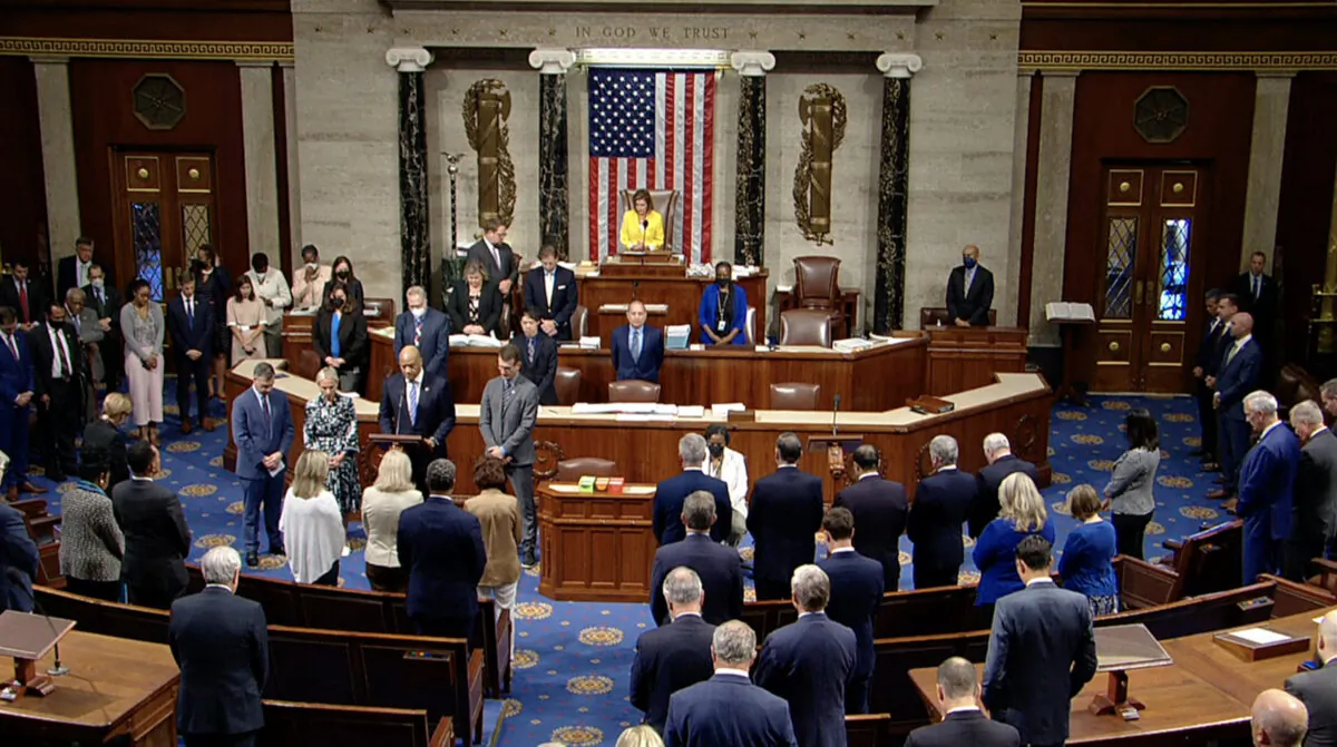 House lawmakers hold a moment of silence for Rep. Jackie Walorski at the U.S. Capitol in Washington on Aug. 12, 2022, in a still from video. (House TV via AP/Screenshot via The Epoch Times)