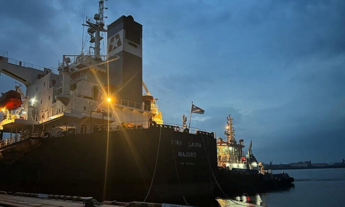 The Marshall Islands-flagged bulk carrier Star Laura at the sea port of Pivdennyi in the town of Yuzhne, Odesa region, Ukraine, on Aug. 12, 2022. (Press service of the Ministry of Infrastructure of Ukraine/Handout via Reuters)