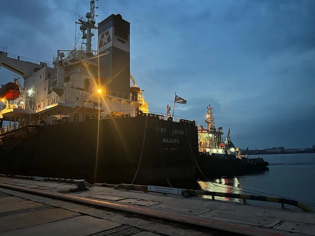 The Marshall Islands-flagged bulk carrier Star Laura at the sea port of Pivdennyi in the town of Yuzhne, Odesa region, Ukraine, on Aug. 12, 2022. (Press service of the Ministry of Infrastructure of Ukraine/Handout via Reuters)