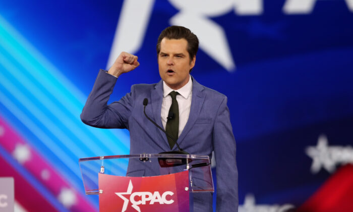 Rep. Matt Gaetz (R-Fla.) speaks at the Conservative Political Action Conference at the Hilton Anatole in Dallas on Aug. 6, 2022. (Bobby Sanchez/The Epoch Times)