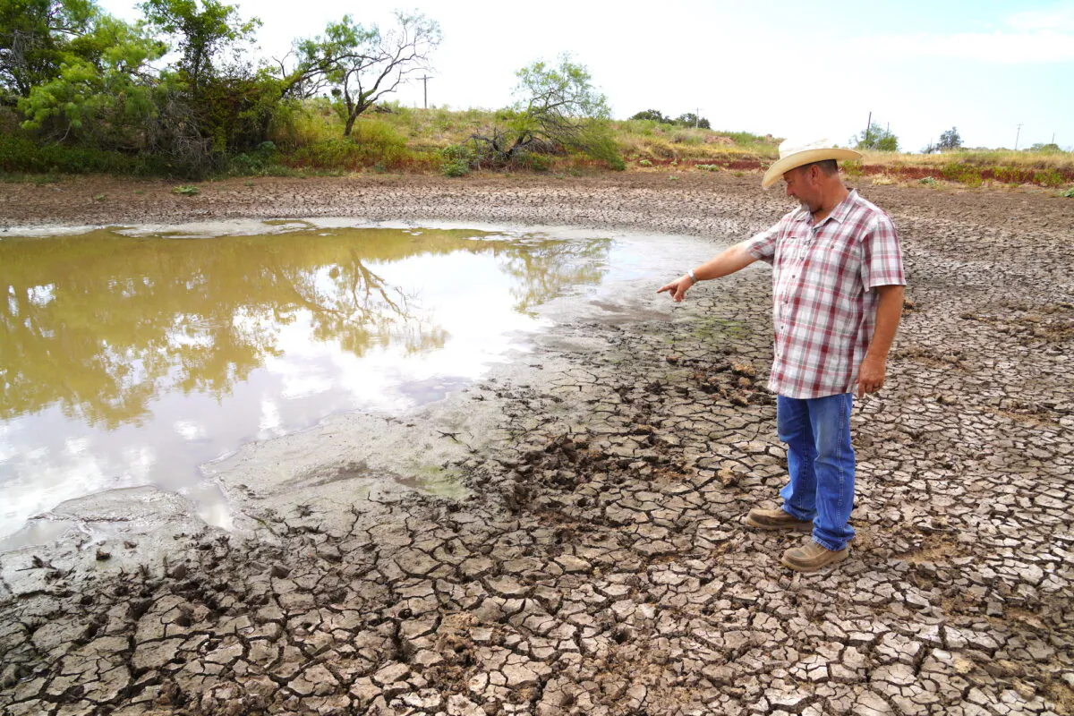 Cattleman Kyle Foster points to the low water level in one of many watering holes on his 5,000-acre ranch in Cross Plains, Texas, on Aug. 10, 2022. Small ranch owners across the state face losing their livelihoods during the worst drought in over a decade. (Allan Stein/The Epoch Times)