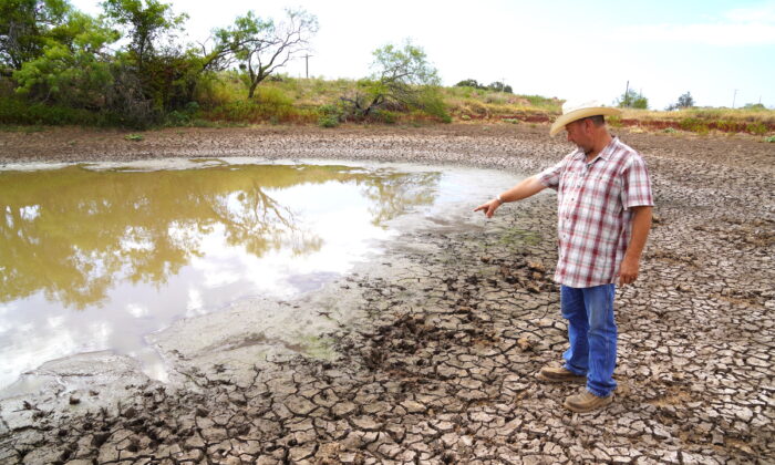 Cattleman Kyle Foster points to the low water level in one of many watering holes on his 5,000-acre ranch in Cross Plains, Texas, on Aug. 10, 2022. Small ranch owners across the state face losing their livelihoods during the worst drought in over a decade. (Allan Stein/The Epoch Times)