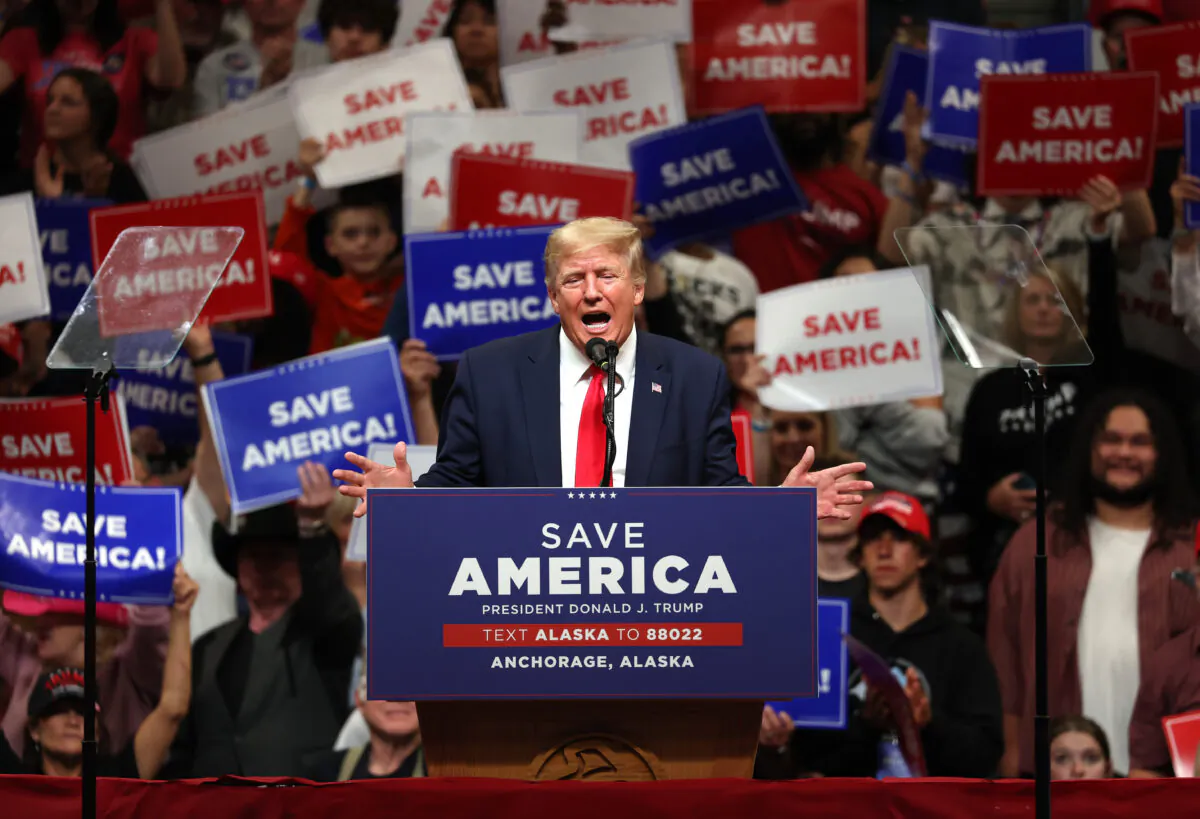 Former U.S. President Donald Trump speaks during a "Save America" rally at Alaska Airlines Center in Anchorage, Alaska, on July 9, 2022. (Justin Sullivan/Getty Images)