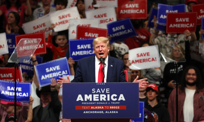 Former U.S. President Donald Trump speaks during a "Save America" rally at Alaska Airlines Center in Anchorage, Alaska, on July 9, 2022. (Justin Sullivan/Getty Images)