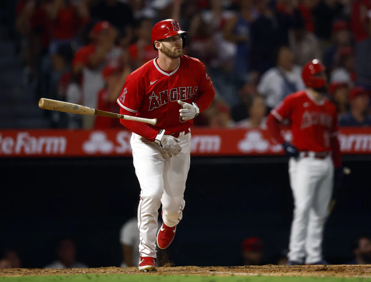 Taylor Ward #3 of the Los Angeles Angels hits a walk-off home run against the Minnesota Twins in the eleventh inning at Angel Stadium of Anaheim in Anaheim, on August 13, 2022. (Ronald Martinez/Getty Images)