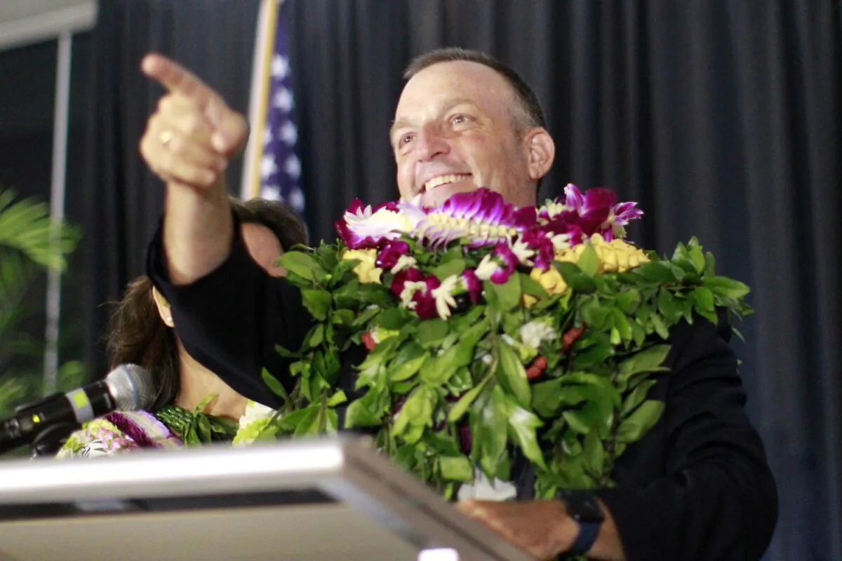 Democratic gubernatorial candidate Josh Green speaks at his campaign headquarters inside the Modern Hotel in Honolulu on Aug. 13, 2022. (Jamm Aquino/Honolulu Star-Advertiser via AP)