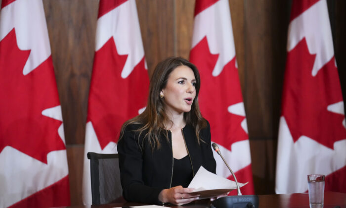 Conservative member's of Parliament Raquel Dancho holds a press conference in Ottawa on July 25, 2022. (The Canadian Press/Sean Kilpatrick)