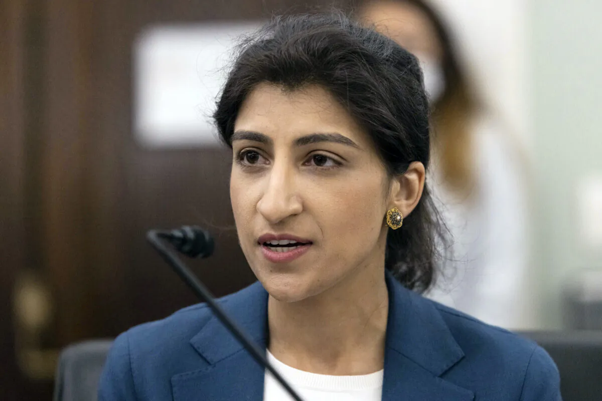 Lina Khan, then-nominee for Commissioner of the Federal Trade Commission (FTC), speaks during a Senate hearing on Capitol Hill, in Washington, on April 21, 2021. (Graeme Jennings/Washington Examiner via AP)