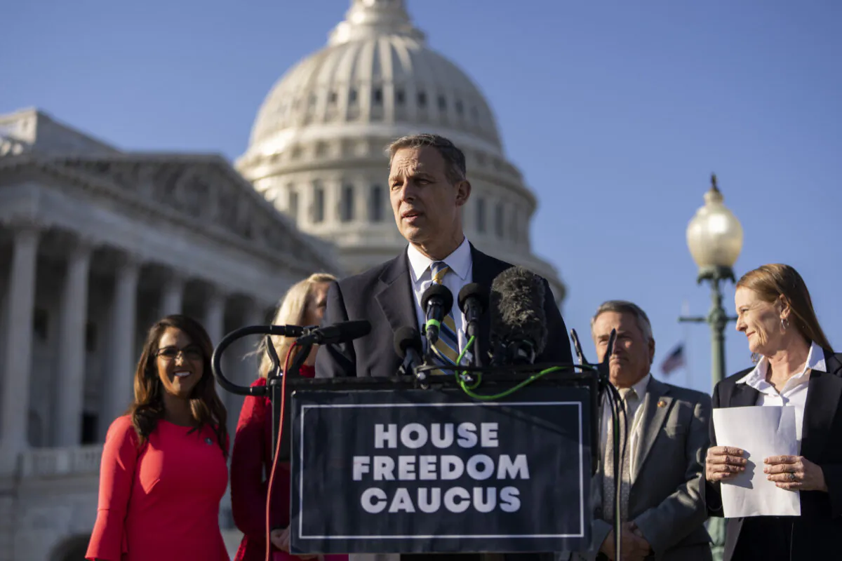 Rep. Scott Perry (R-Pa.) speaks during a news conference with members of the House Freedom Caucus outside the U.S. Capitol in Washington on Feb. 28, 2022. (Drew Angerer/Getty Images)