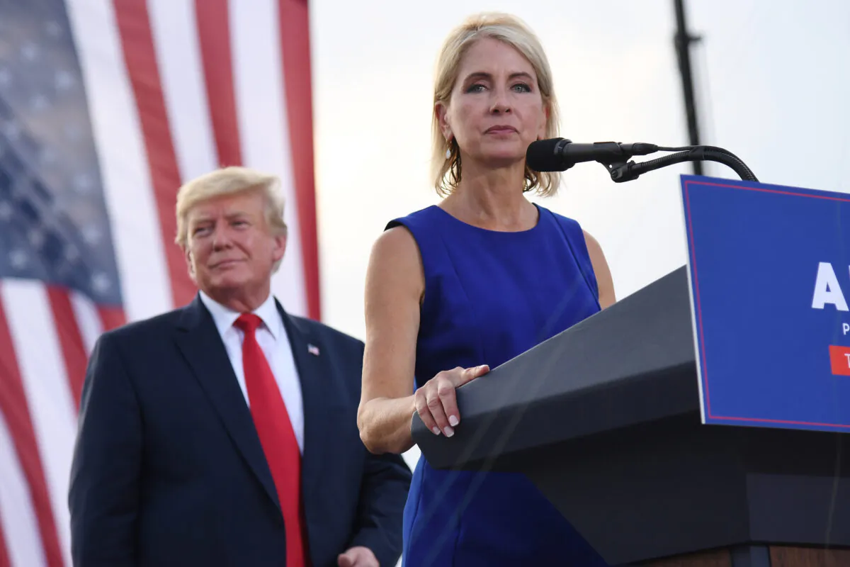 Rep. Mary Miller (R-Ill.) gives remarks after receiving an endorsement during a Save America Rally with former U.S. President Donald Trump at the Adams County Fairgrounds in Mendon, Illinois, on June 25, 2022. (Michael B. Thomas/Getty Images)