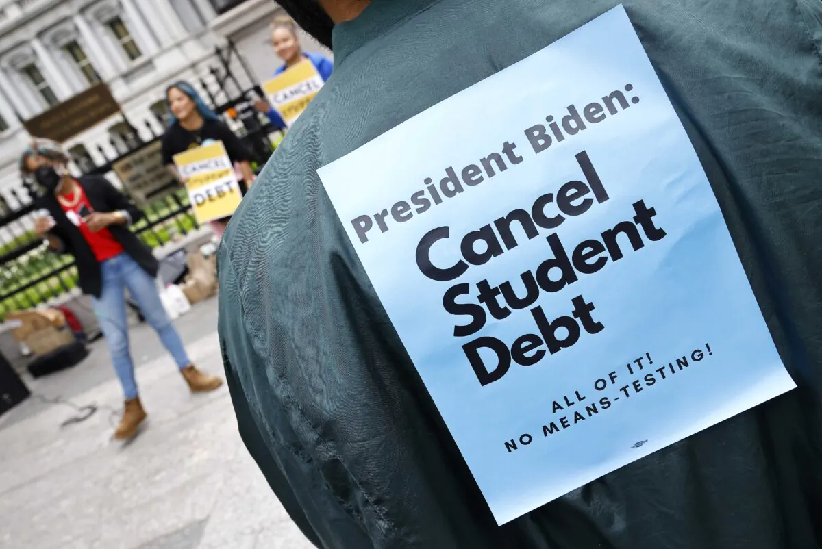 Student loan borrowers gather near the White House to tell President Biden to cancel student debt in Washington on May 12, 2020. (Paul Morigi/Getty Images for We, The 45 Million)