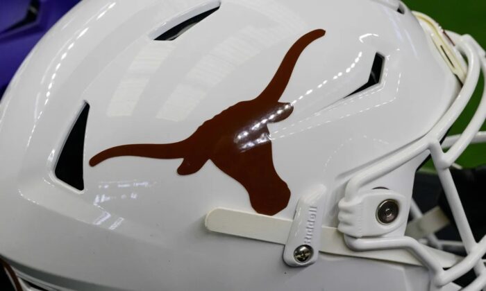 The Texas Longhorns helmet logo during the Big 12 Media Day at AT&T Stadium in Arlington, Texas, on July 14, 2022. (Jerome Miron/USA TODAY Sports via Field Level Media)