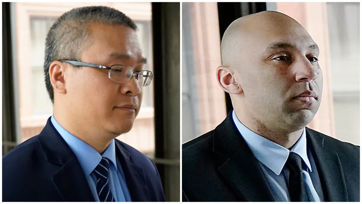 In this combination of photos, former Minneapolis police officers Tou Thao (L) and J. Alexander Kueng arrive for sentencing for violating George Floyd's civil rights outside the Federal Courthouse in St. Paul, Minn., on July 27, 2022. (David Joles/Star Tribune via AP)