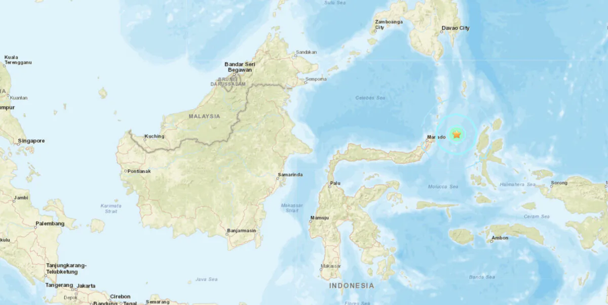 A map showing the location of a magnitude 5.7 earthquake that struck about 158 kilometers (98 miles) off Laikit village in North Sulawesi province, Indonesia, on Aug. 14, 2022. (USGS/Screenshot via The Epoch Times)