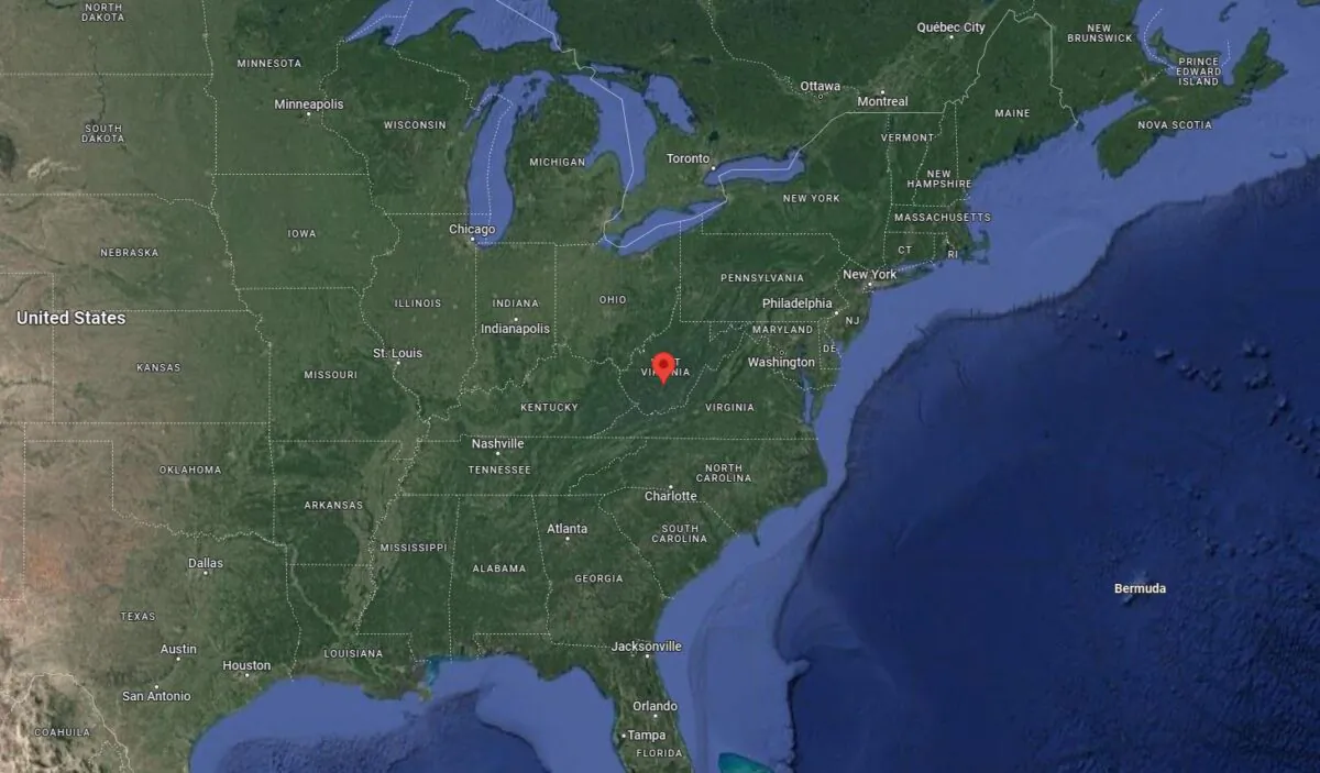 A map showing the location of the Fayette County, W.Va. (Google Maps/Screenshot via The Epoch Times)