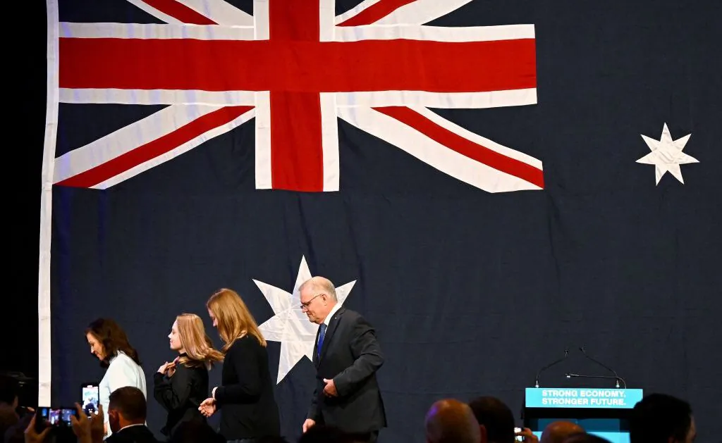 Australia's Prime Minister Scott Morrison and his family leave a Liberal election night party after the Australian general election in Sydney on May 21, 2022. (Photo by Saeed KHAN / AFP) (Photo by SAEED KHAN/AFP via Getty Images)
