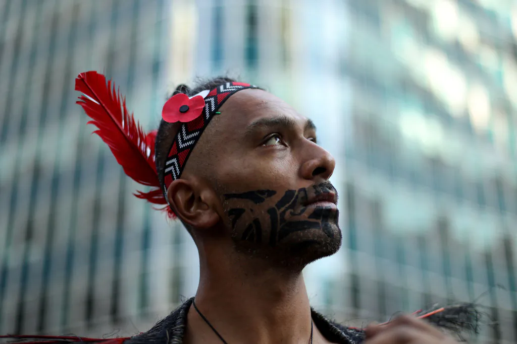 A Maori person poses for a photograph ahead of the ANZAC Day parade in Sydney, Australia, on April 25, 2021. (Brendon Thorne/Getty Images)