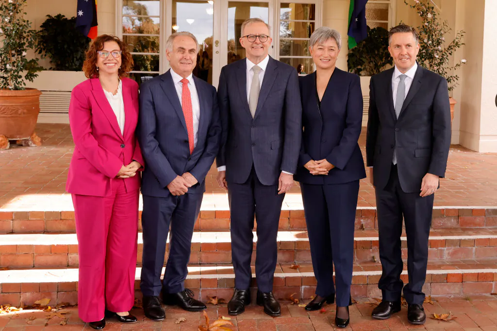 Amanda Rishworth, Minister for Social Services (L), after a swearing-in ceremony at Government House in Canberra, Australia on June 1, 2022. (Jenny Evans/Getty Images)