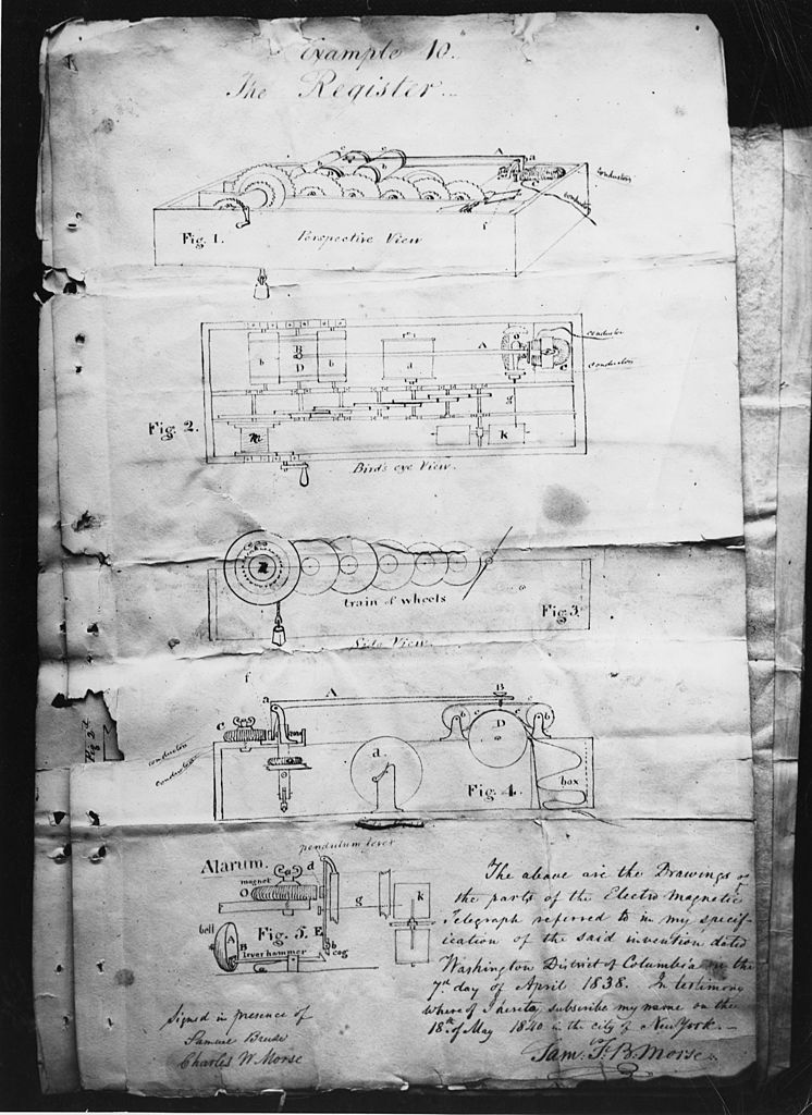The patent and designs for Samuel Morse's electro-magnetic telegraph, 18th May 1840.  (Authenticated News/Getty Images)