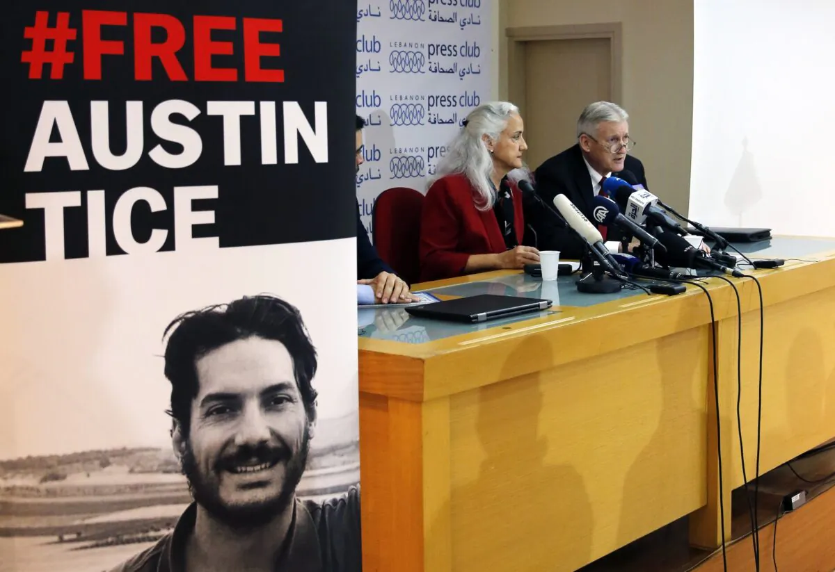 Marc and Debra Tice, the parents of Austin Tice, who is missing in Syria, speak during a press conference at the Press Club in Beirut, Lebanon, on Dec. 4, 2018. (Bilal Hussein/AP Photo)