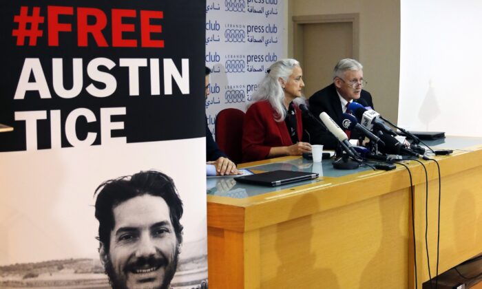 Marc and Debra Tice, the parents of Austin Tice, who is missing in Syria, speak during a press conference at the Press Club in Beirut, Lebanon, on Dec. 4, 2018. (Bilal Hussein/AP Photo)