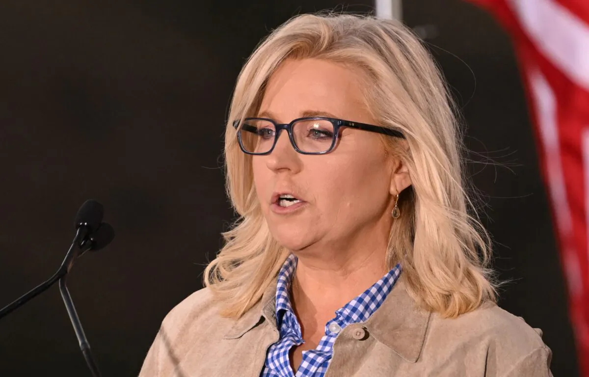 Rep. Liz Cheney (R-Wyo.) speaks to supporters at an election night event during the Wyoming primary election at Mead Ranch in Jackson, Wyo., on Aug. 16, 2022. (Patrick T. Fallon/AFP via Getty Images)