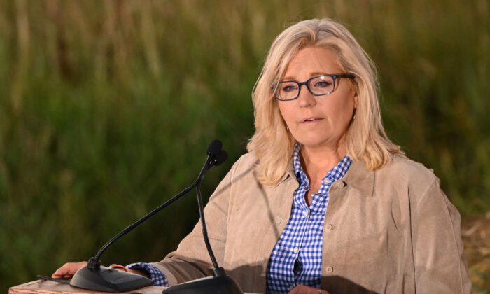 Rep. Liz Cheney (R-Wyo.) speaks to supporters at a primary night event in Jackson, Wyoming, on Aug. 16, 2022. (Alex Wong/Getty Images)