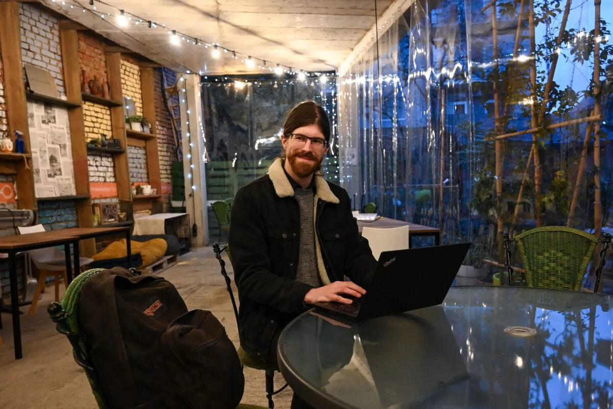 Digital nomad Andrew Braun, a 28-year-old web developer from New Jersey, attends an interview with AFP in Tbilisi, Georgia, on Feb. 16, 2021. (Vano Shlamov/AFP via Getty Images)