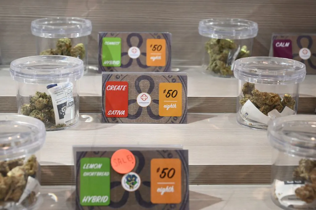 Voters in five states on Nov. 8 will be asked to legalize recreational adult-use of marijuana and join 19 other states where it is legal, including California where marijuana was being sold in this Los Angeles dispensary in January 2019. (Robyn Beck/AFP via Getty Images)
