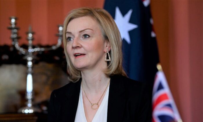 British Foreign Secretary Liz Truss is seen during top of meeting remarks ahead of Australia-United Kingdom Ministerial Consultations (AUKMIN) talks at Admiralty House in Sydney, Australia, on Jan. 21, 2022. (Bianca De Marchi-Pool/Getty Images)