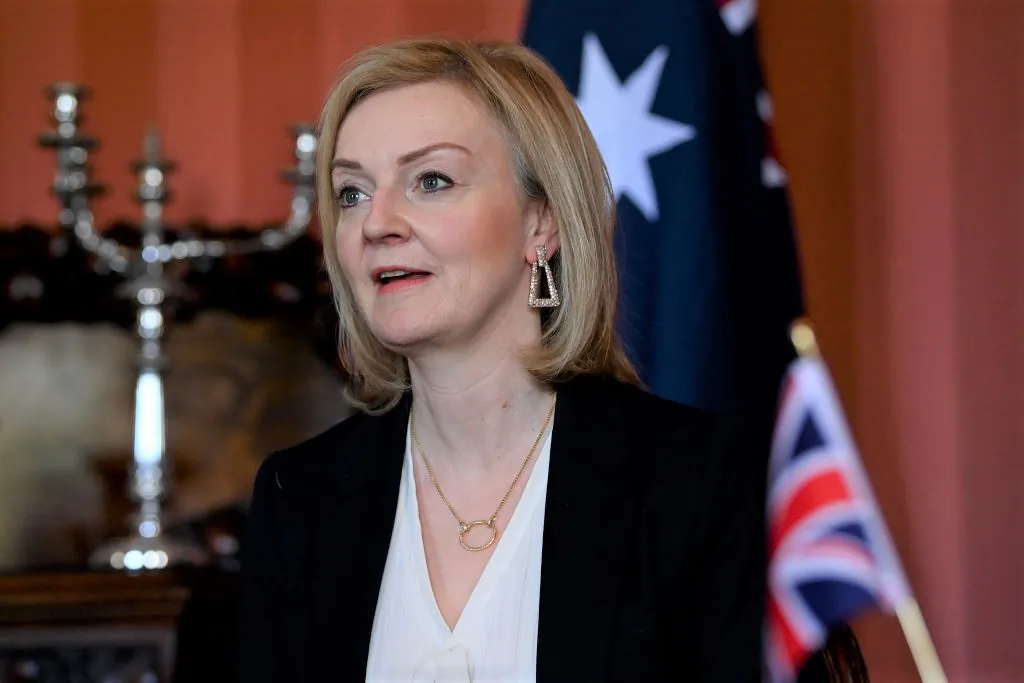British Foreign Secretary Liz Truss is seen during top of meeting remarks ahead of Australia-United Kingdom Ministerial Consultations (AUKMIN) talks at Admiralty House in Sydney, Australia, on Jan. 21, 2022. (Bianca De Marchi-Pool/Getty Images)