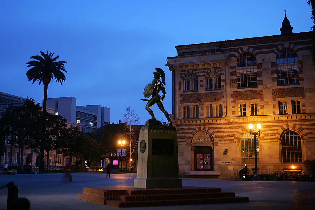A statue of the school mascot, the Trojan, stands on the campus of the University of Southern California in Los Angeles on March 6, 2007. (David McNew/Getty Images)