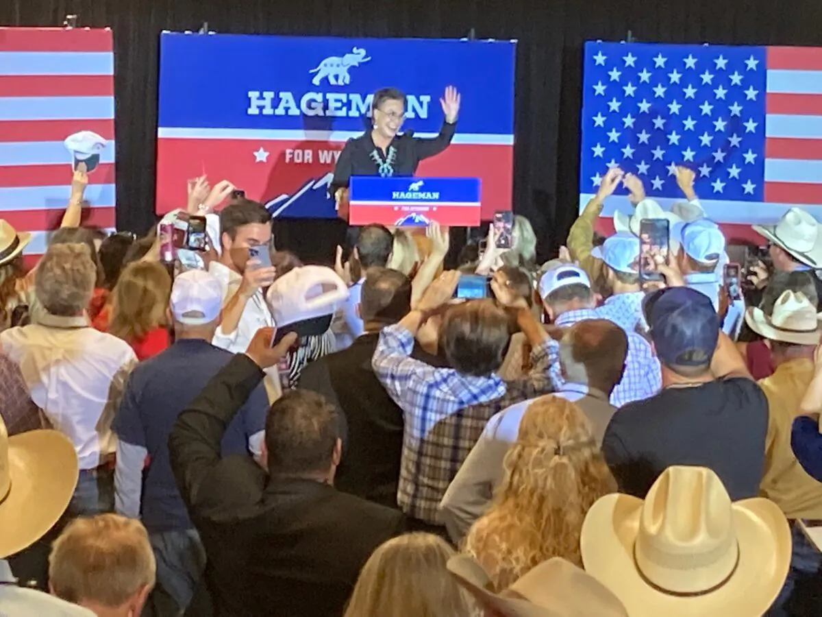 Wyoming Republican congressional candidate Harriet Hageman greets supports at Cheyenne's Frontier Days rodeo complex after defeating Rep. Liz Cheney (R-Wyo.) in their Aug. 16 Republican primary. (John Haughey/The Epoch Times)