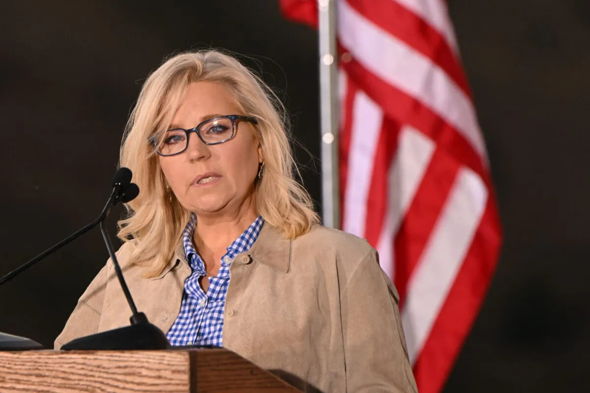 Former Rep. Liz Cheney (R-Wyo.) speaks to supporters at an election night event during the Wyoming primary election at Mead Ranch in Jackson on Aug. 16, 2022. (Patrick  T. Fallon/AFP via Getty Images)