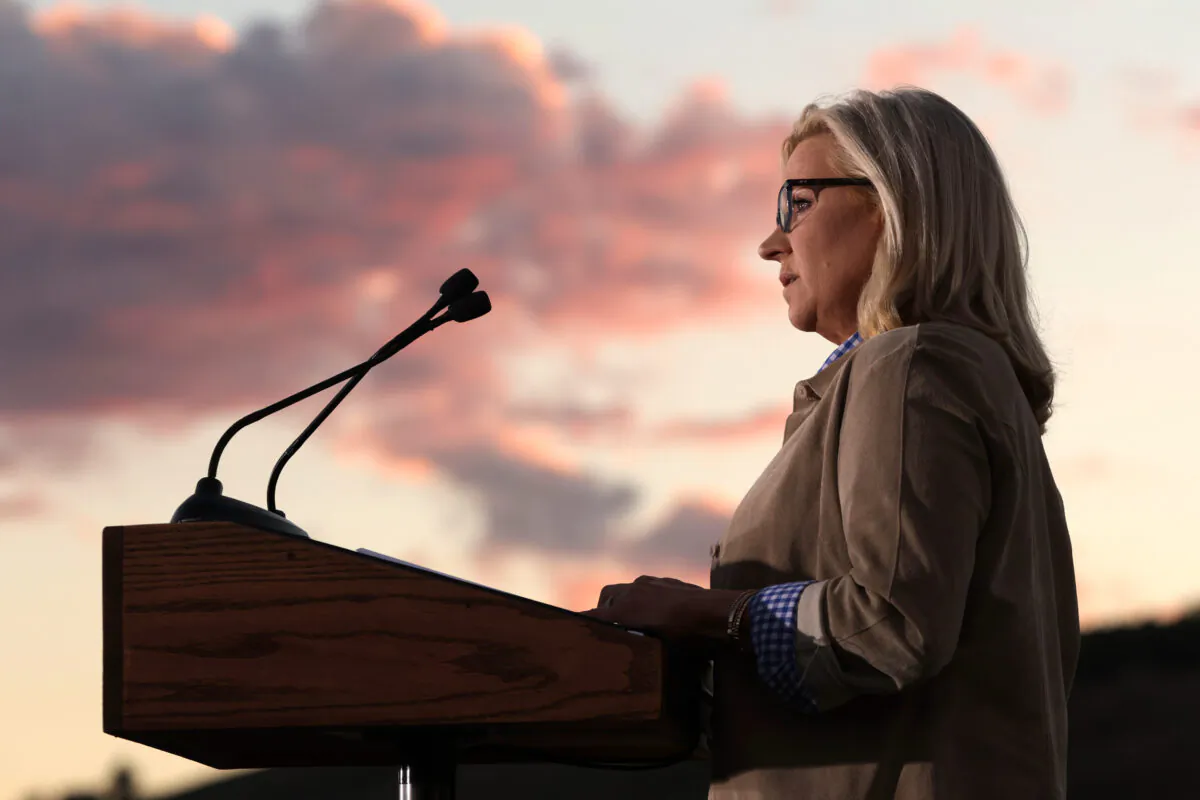 Rep. Liz Cheney (R-Wyo.) gives a concession speech to supporters during a primary night event in Jackson, Wyo., on Aug. 16, 2022. (Alex Wong/Getty Images)