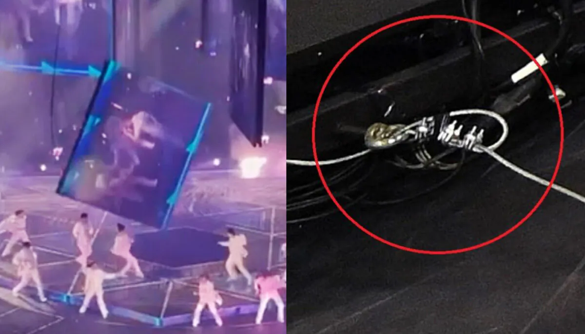 MIRROR WE ARE LIVE concert on July 28, 2022, showing the fallen screen (L) and apparent damaged cable (R). (Big Mack/Screenshot/The Epoch Times) 