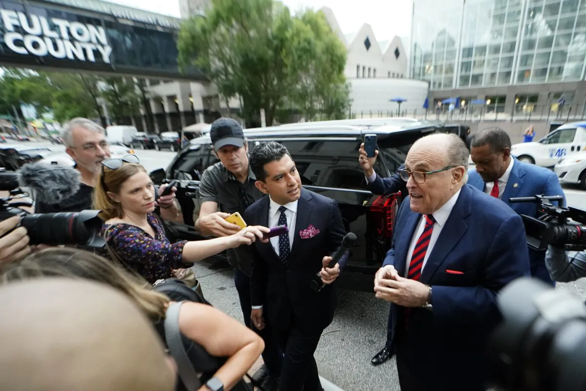 Rudy Giuliani arrives at the Fulton County Courthouse in Atlanta on Aug. 17, 2022. (John Bazemore/AP Photo)