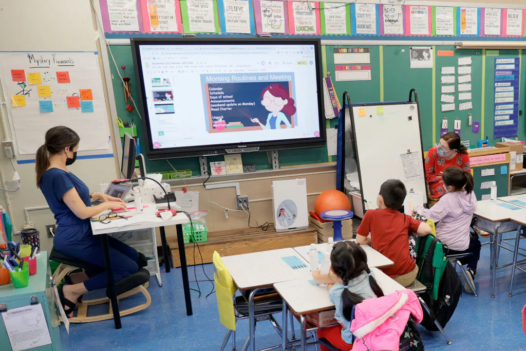 Teachers present a lesson at Yung Wing School P.S. 124 in New York on Sept. 27, 2021. (Michael Loccisano/Getty Images)