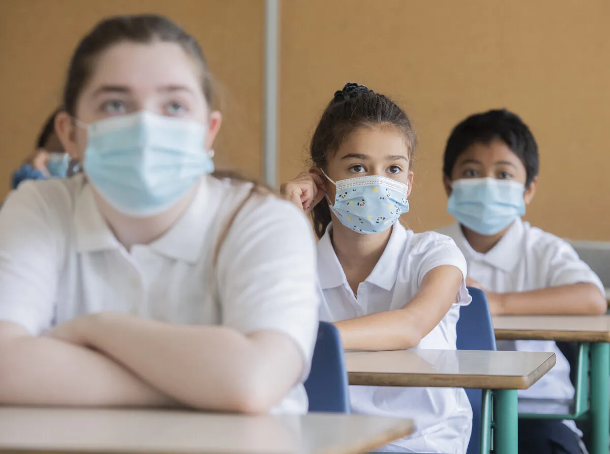Students wear masks in class on the first day of school in Montreal on Aug. 31, 2021. (Graham Hughes/The Canadian Press)