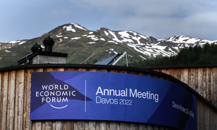 An event banner on the Congress Centre ahead of the World Economic Forum's annual meeting in Davos, Switzerland, on May 22, 2022. (Fabrice Coffrini/AFP via Getty Images)