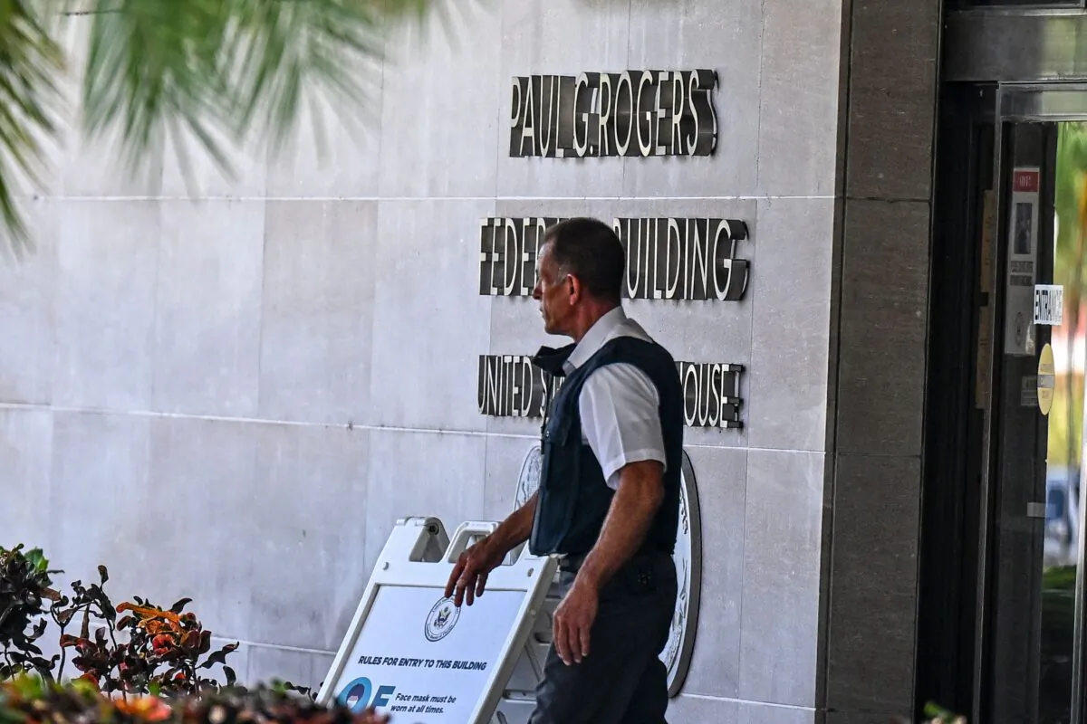The Paul G. Rogers Federal Building & Courthouse as the court holds a hearing to determine if the affidavit used by the FBI as justification for a raid of Trump's Mar-a-Lago estate should be unsealed, on Aug. 18, 2022. (Chandan Khanna/AFP via Getty Images)