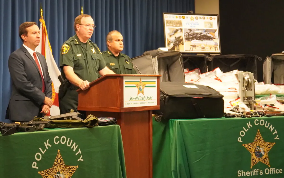 Polk County Sheriff Grady Judd announces the breakup of an international drug smuggling operation in Winter Haven, Fla. on Aug. 19, 2022 (Jann Falkenstern / The Epoch Times)