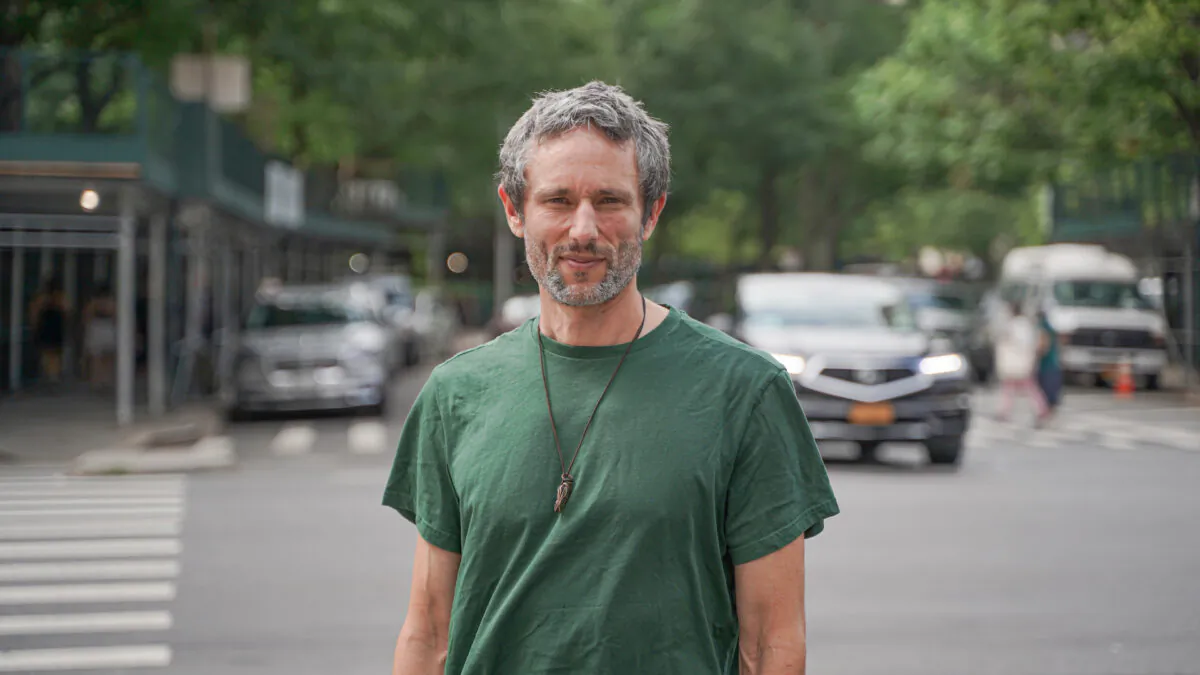Charles Eisenstein, author of "The Coronation," in New York on July 29, 2022. (York Du/The Epoch Times)