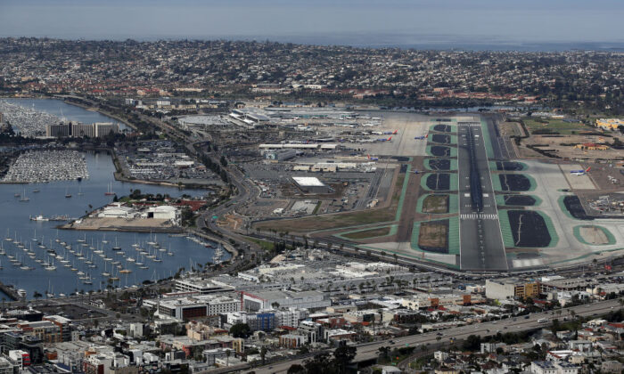 Aerial view of the San Diego International Airport in San Diego on March 20, 2020. (Sean M. Haffey/Getty Images)